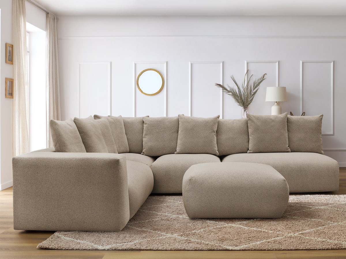 VOLTAIRE modulaire vaste hoekbank met 2 tweezitsfauteuils, 1 hoek- en 1 enkele fauteuil in gemêleerde stof met voetenbank