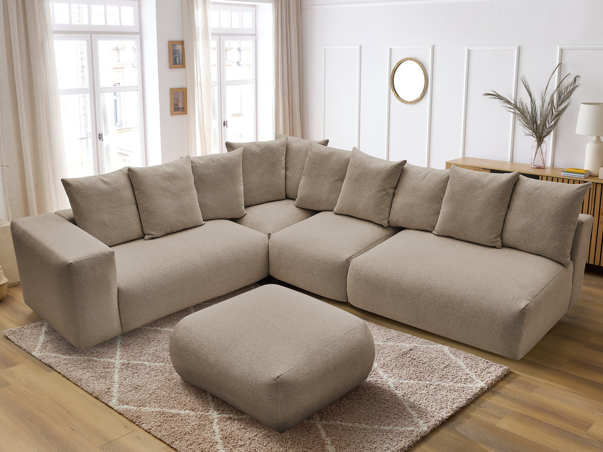 VOLTAIRE modulaire vaste hoekbank met 2 tweezitsfauteuils, 1 hoek- en 1 enkele fauteuil in gemêleerde stof met voetenbank