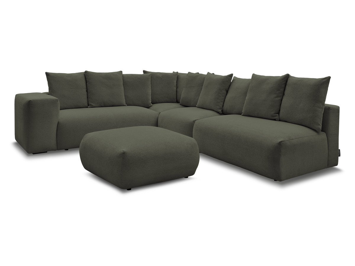 voltaire modulaire vaste hoekbank met 2 tweezitsfauteuils, 1 hoek- en 1 enkele fauteuil in gemêleerde stof met voetenbank gekleurd groente