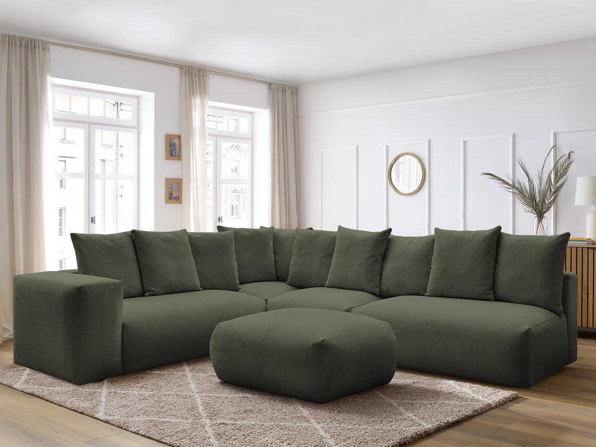 VOLTAIRE modulaire vaste hoekbank met 2 tweezitsfauteuils, 1 hoek- en 1 enkele fauteuil in gemêleerde stof met voetenbank