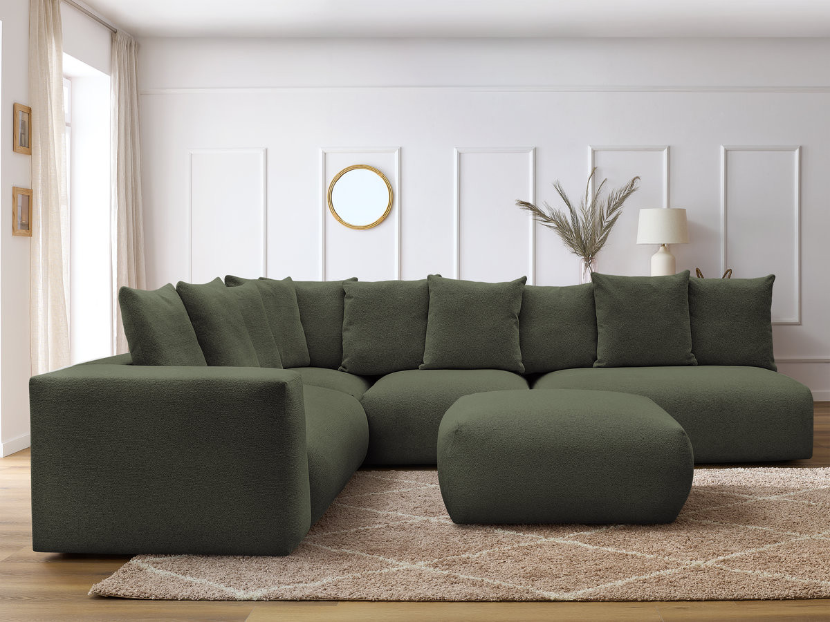 VOLTAIRE modulaire vaste hoekbank met 2 tweezitsfauteuils, 1 hoek- en 1 enkele fauteuil in gemêleerde stof met voetenbank