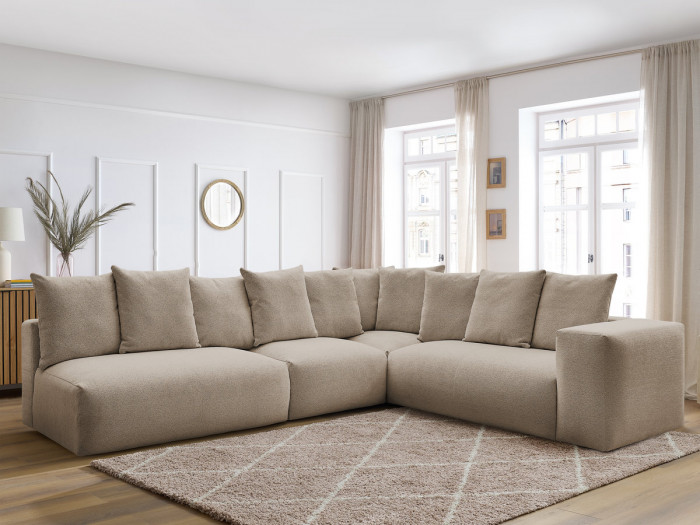 Canapé d'angle fixe modulable VOLTAIRE avec 2 chauffeuses 2 places, 1 angle et 1 chauffeuse 1 place tissu chiné