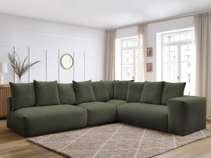 Canapé d'angle fixe modulable VOLTAIRE avec 2 chauffeuses 2 places, 1 angle et 1 chauffeuse 1 place tissu chiné