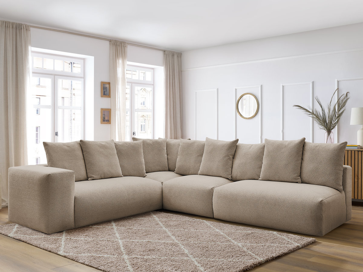 VOLTAIRE modulaire vaste hoekbank met 2 tweezitsfauteuils, 1 hoekfauteuil en 1 enkele fauteuil in gemêleerde stof