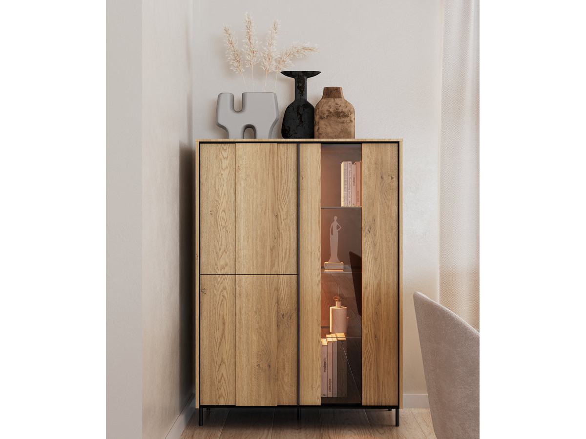 Meuble vitrine 3 portes H. 140cm TILIA imitation chêne avec LED
