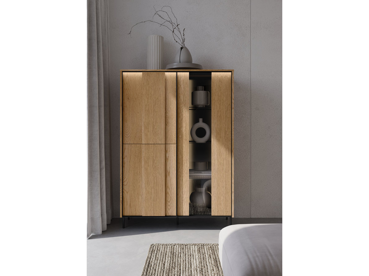 Meuble vitrine 3 portes H. 140cm TILIA imitation chêne avec LED