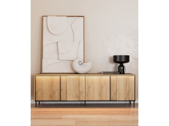 Meuble TV 4 portes 167 cm TILIA imitation chêne avec LED
