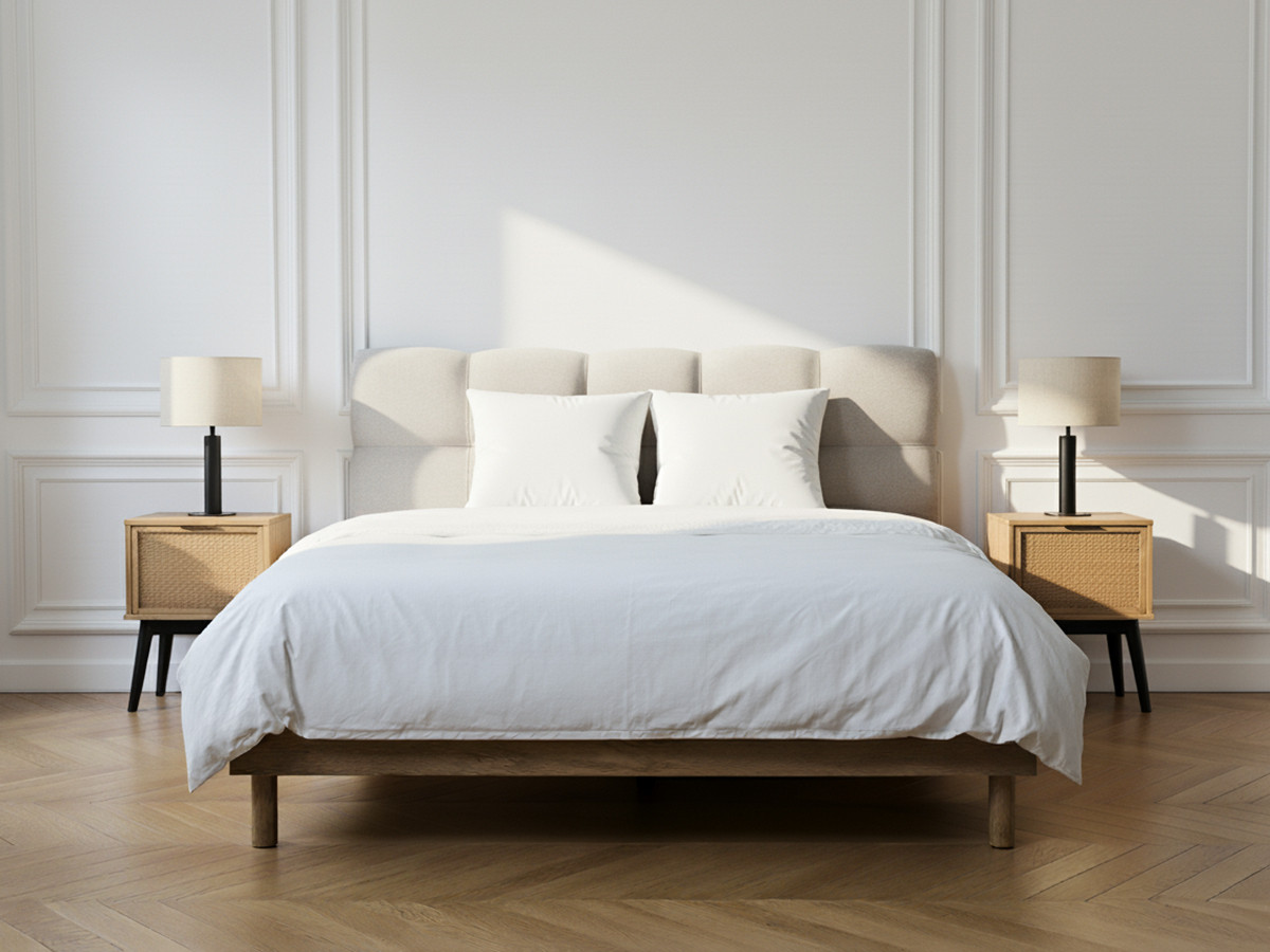 Lit KUMO en 160 x 200 cm, matelas CAPUCINE, couette tempérée en 240 x 260 cm RE-DREAM, deux oreillers RE-DREAM en 60 x 60 cm