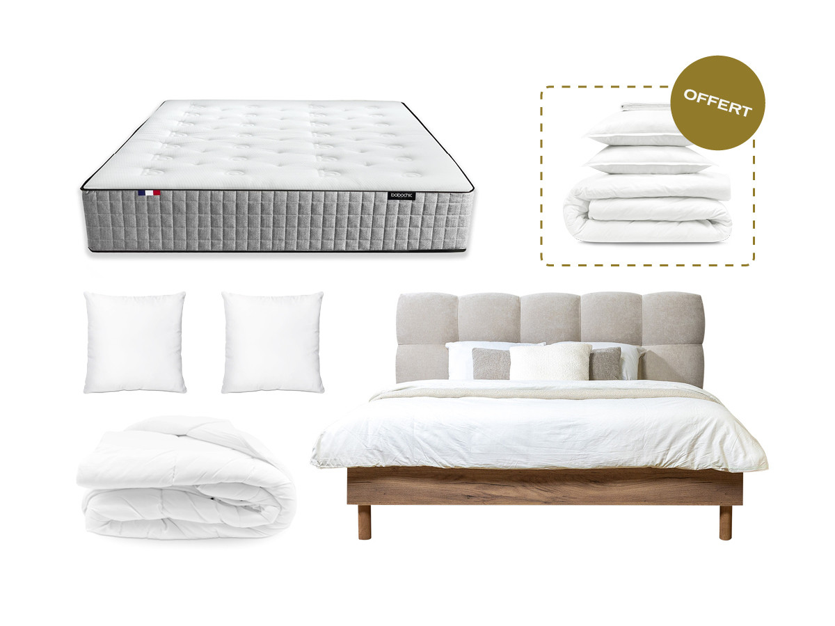Lit KUMO en 160 x 200 cm, matelas CAPUCINE, couette tempérée en 240 x 260 cm RE-DREAM, deux oreillers RE-DREAM en 60 x 60 cm