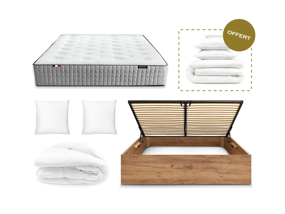 Coffre NIRA en 160 x 200 cm, matelas CAPUCINE, couette tempérée en 240 x 260 cm RE-DREAM, deux oreillers RE-DREAM en 60 x 60 cm