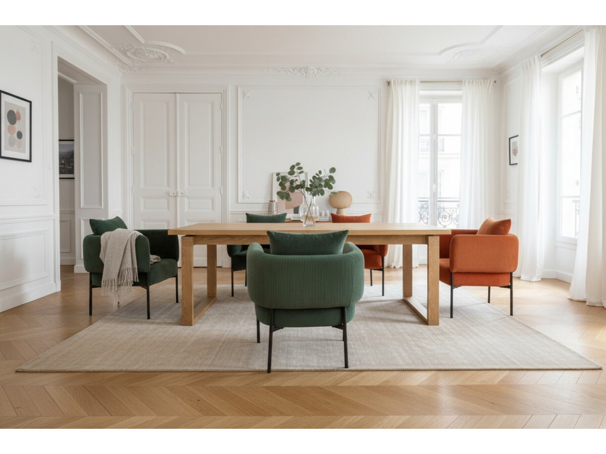 MARIN set met 220 cm eikenhouten eettafel + 6 GABIN corduroy fauteuils