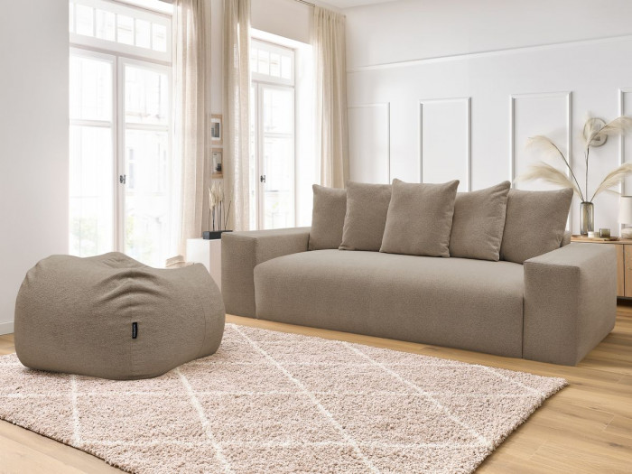Canapé droit fixe 3 places VOLTAIRE tissu chiné avec pouf