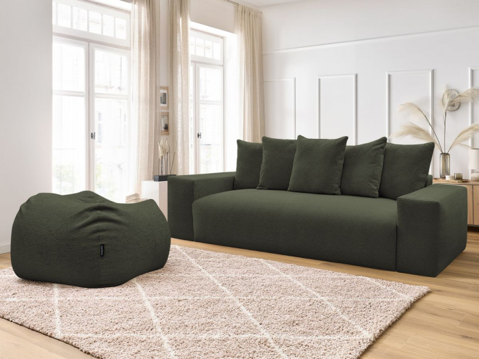 Canapé droit fixe 3 places VOLTAIRE tissu chiné avec pouf
