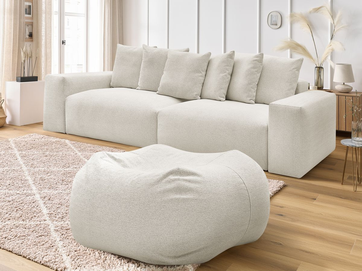 Canapé droit fixe 4 places VOLTAIRE tissu chiné avec pouf