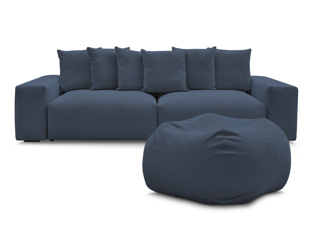 canapé droit fixe 4 places voltaire tissu chiné avec pouf de couleur bleu foncé