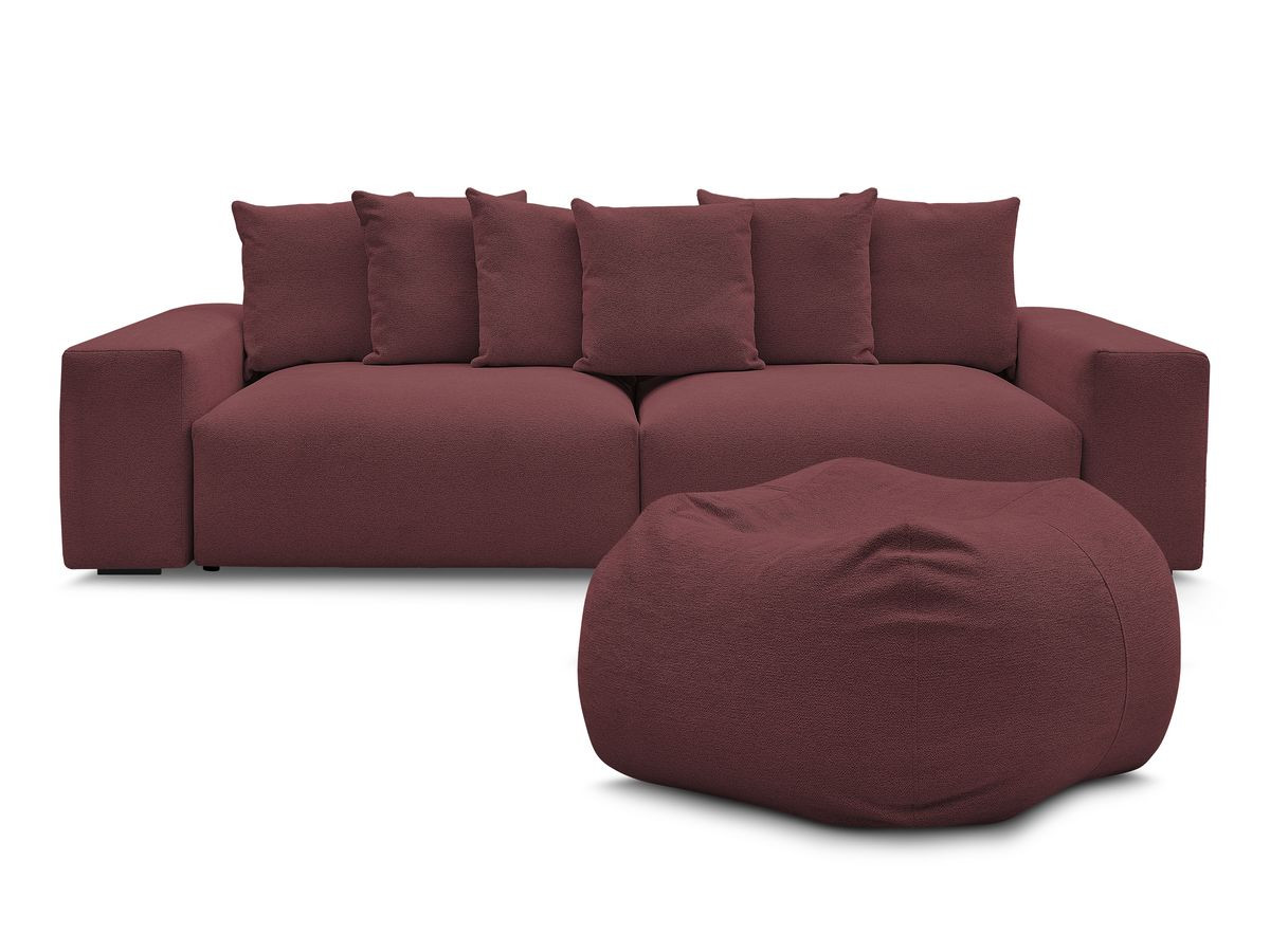 canapé droit fixe 4 places voltaire tissu chiné avec pouf de couleur rouge