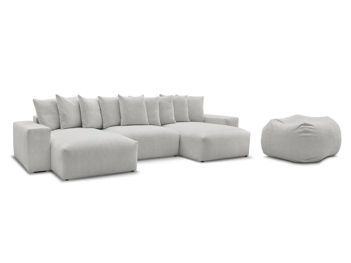 canapé panoramique fixe voltaire tissu chiné avec pouf de couleur gris clair