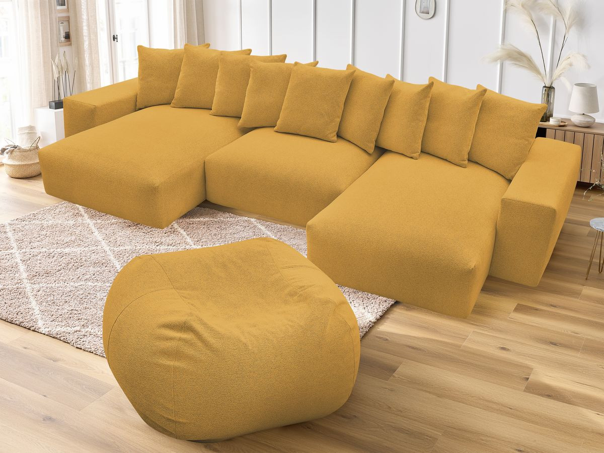 Canapé panoramique fixe VOLTAIRE tissu chiné avec pouf