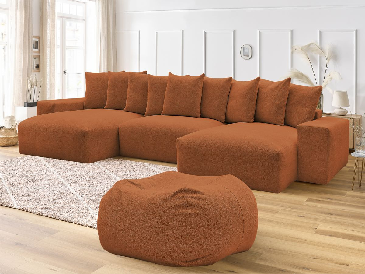 Canapé panoramique fixe VOLTAIRE tissu chiné avec pouf