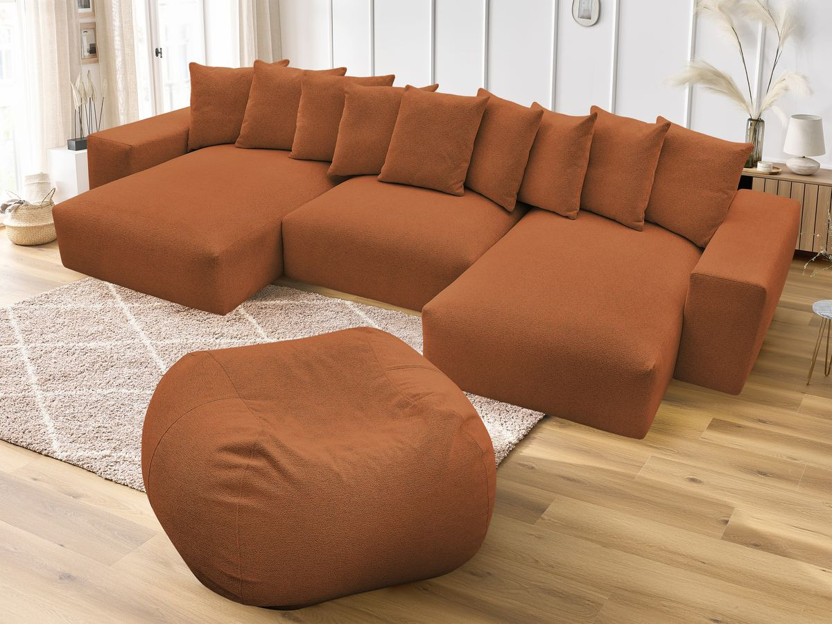 Canapé panoramique fixe VOLTAIRE tissu chiné avec pouf