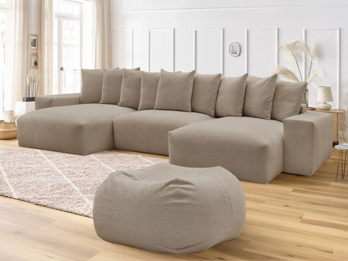 Canapé panoramique fixe VOLTAIRE tissu chiné avec pouf