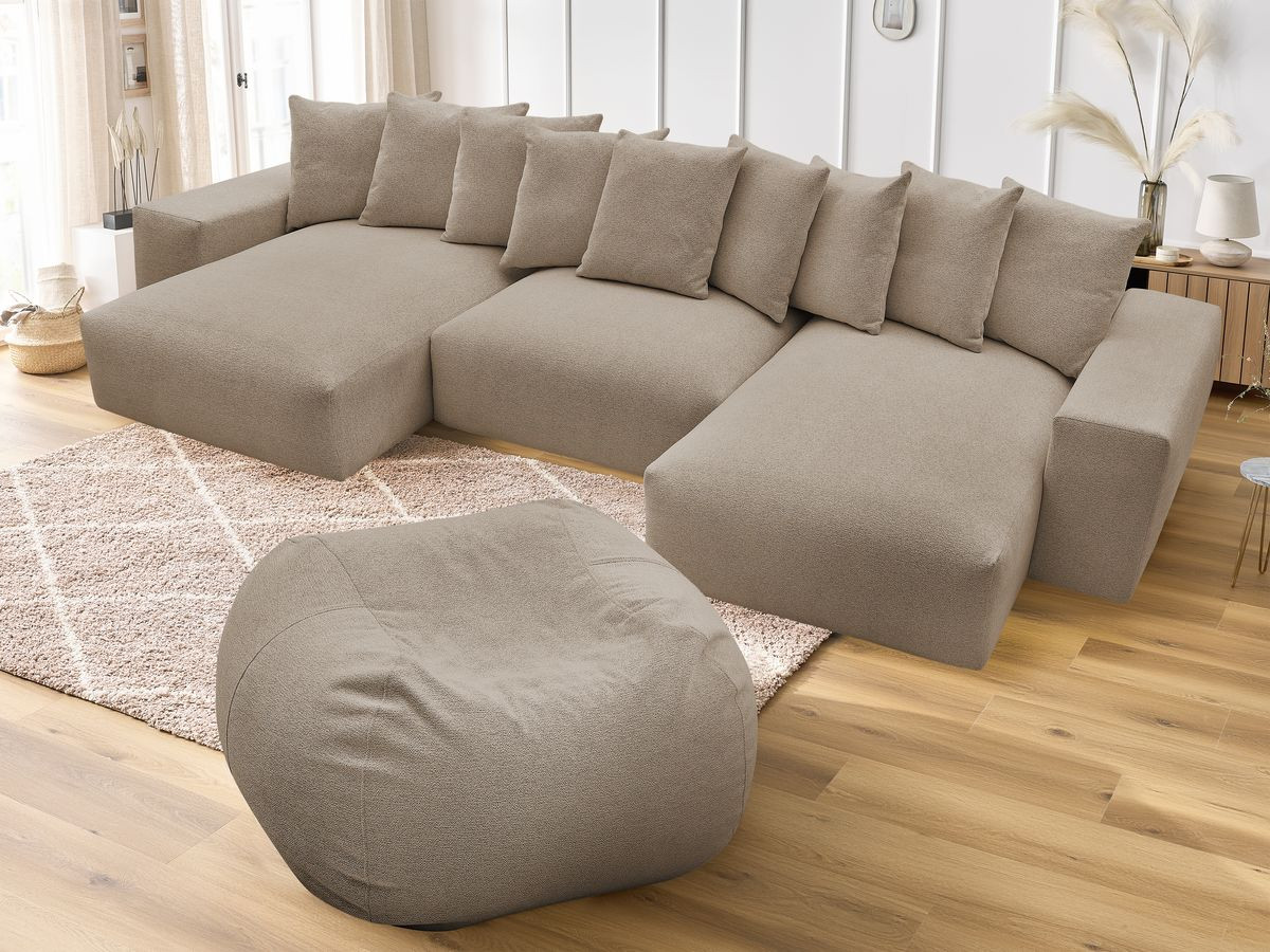 Canapé panoramique fixe VOLTAIRE tissu chiné avec pouf