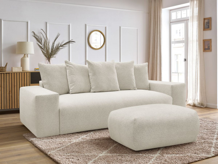 Canapé droit convertible coffre VOLTAIRE tissu chiné avec pouf