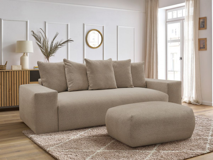 Canapé droit convertible coffre VOLTAIRE tissu chiné avec pouf