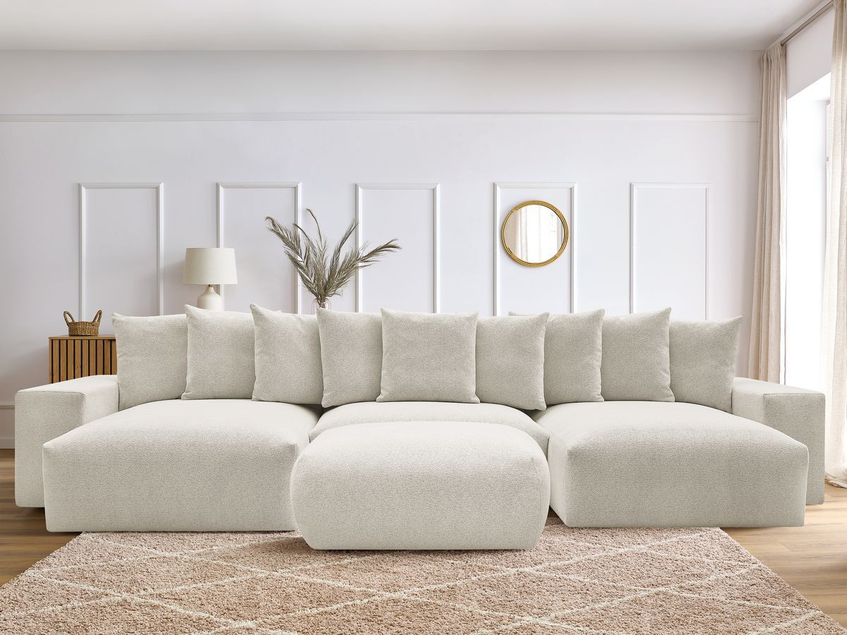 Canapé panoramique convertible coffre VOLTAIRE tissu chiné avec pouf