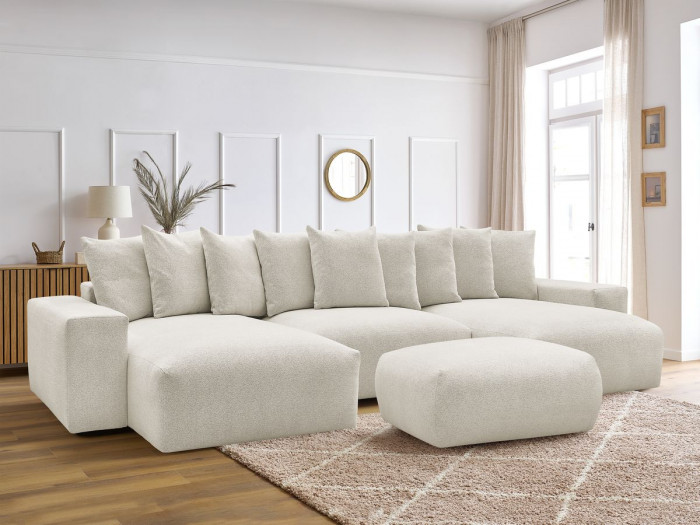 Canapé panoramique convertible coffre VOLTAIRE tissu chiné avec pouf