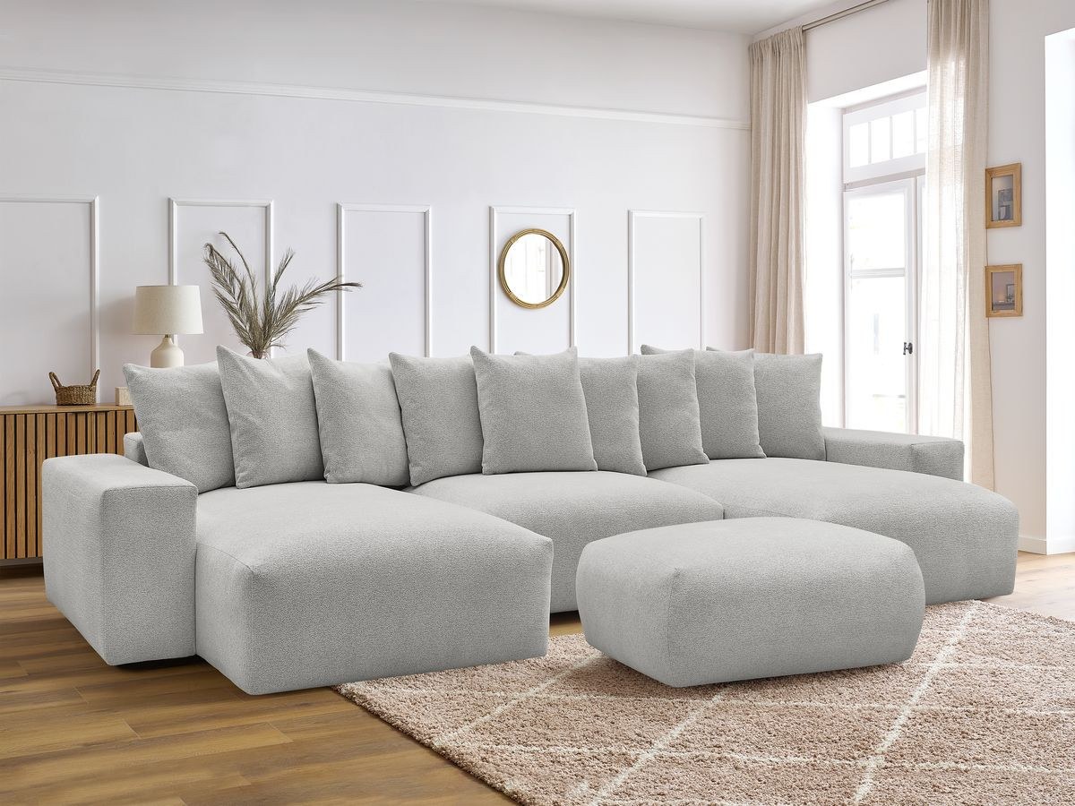 Canapé panoramique convertible coffre VOLTAIRE tissu chiné avec pouf