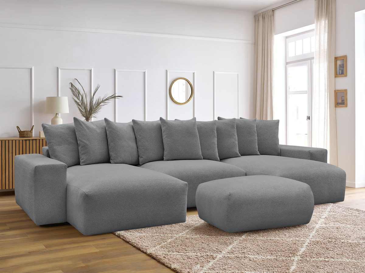 Canapé panoramique convertible coffre VOLTAIRE tissu chiné avec pouf