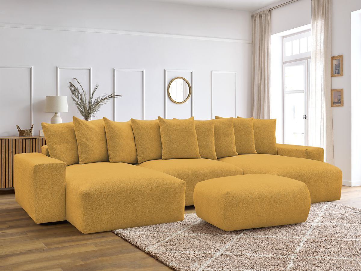 Canapé panoramique convertible coffre VOLTAIRE tissu chiné avec pouf
