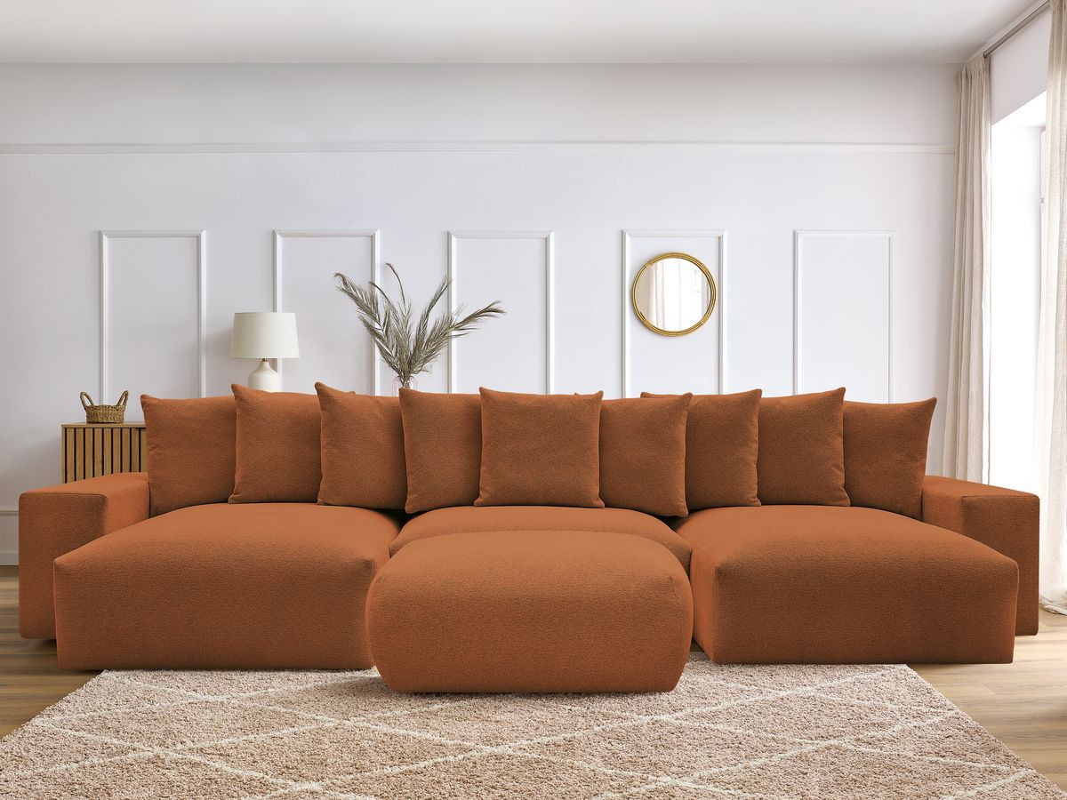 Canapé panoramique convertible coffre VOLTAIRE tissu chiné avec pouf