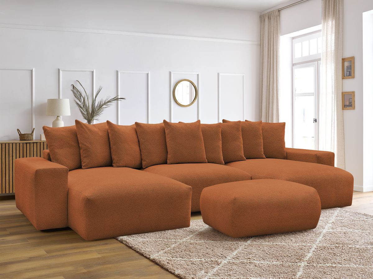 Canapé panoramique convertible coffre VOLTAIRE tissu chiné avec pouf
