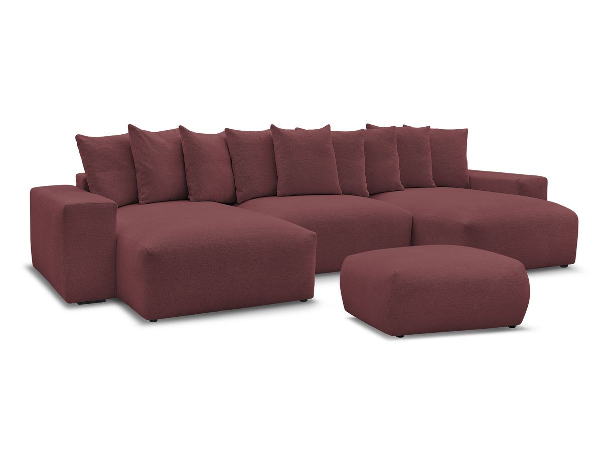 canapé panoramique convertible coffre voltaire tissu chiné avec pouf de couleur rouge