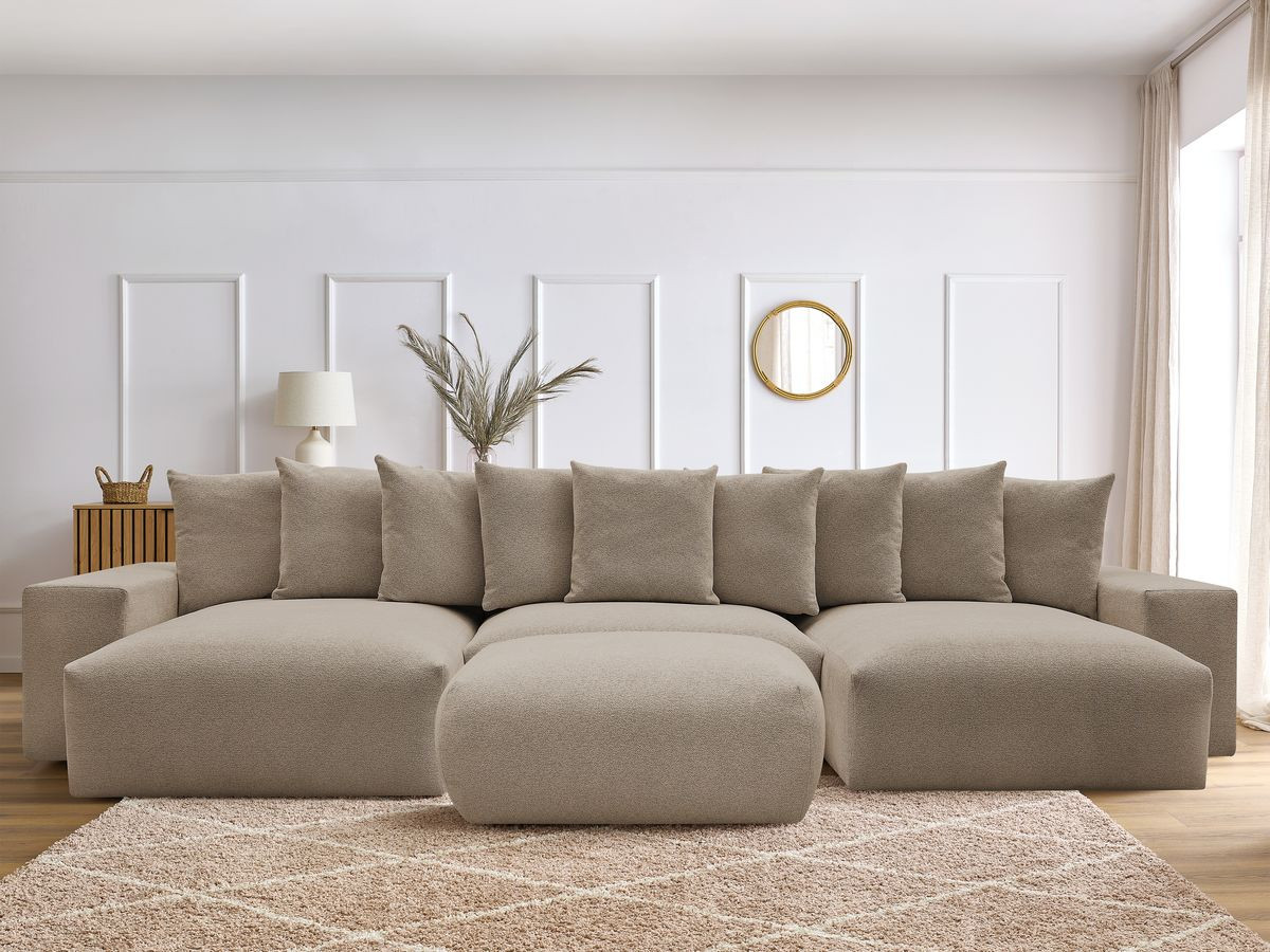 Canapé panoramique convertible coffre VOLTAIRE tissu chiné avec pouf