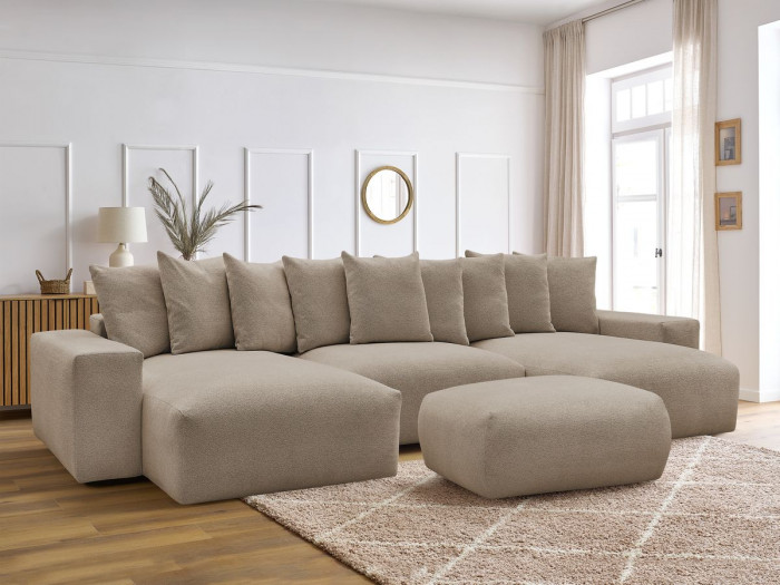 Canapé panoramique convertible coffre VOLTAIRE tissu chiné avec pouf
