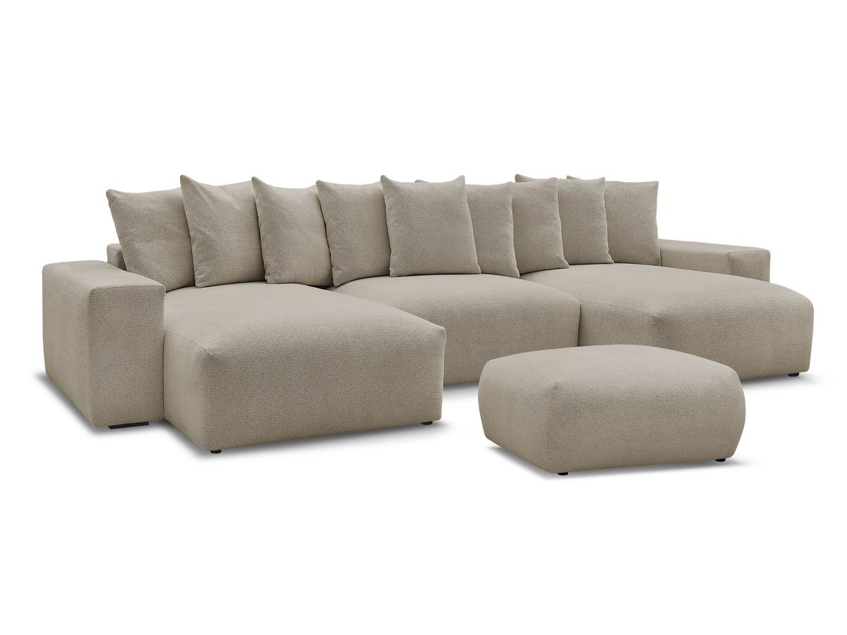 canapé panoramique convertible coffre voltaire tissu chiné avec pouf de couleur taupe