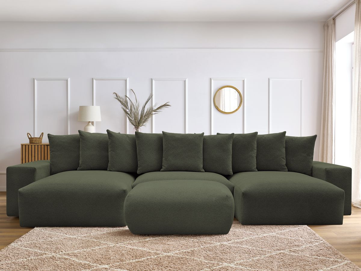 Canapé panoramique convertible coffre VOLTAIRE tissu chiné avec pouf