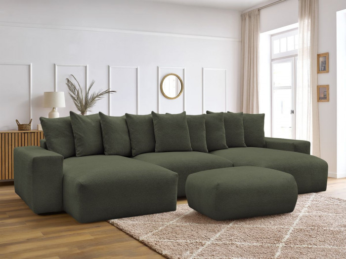 Canapé panoramique convertible coffre VOLTAIRE tissu chiné avec pouf