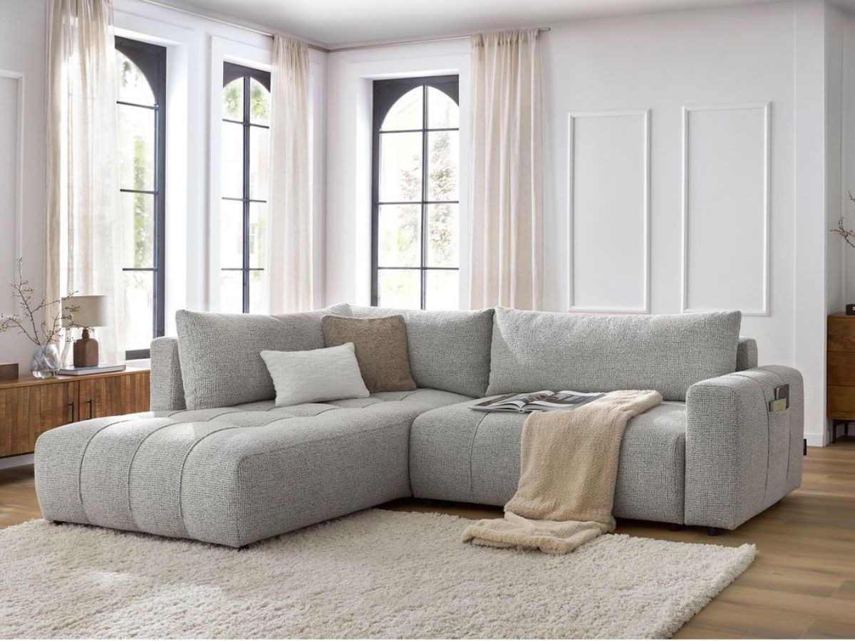 Canapé d'angle L convertible coffre ARSENE gris clair