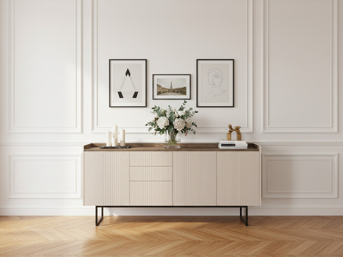 Buffet 3 portes 192 cm LOUNA beige et effet bois avec tasseaux et LED