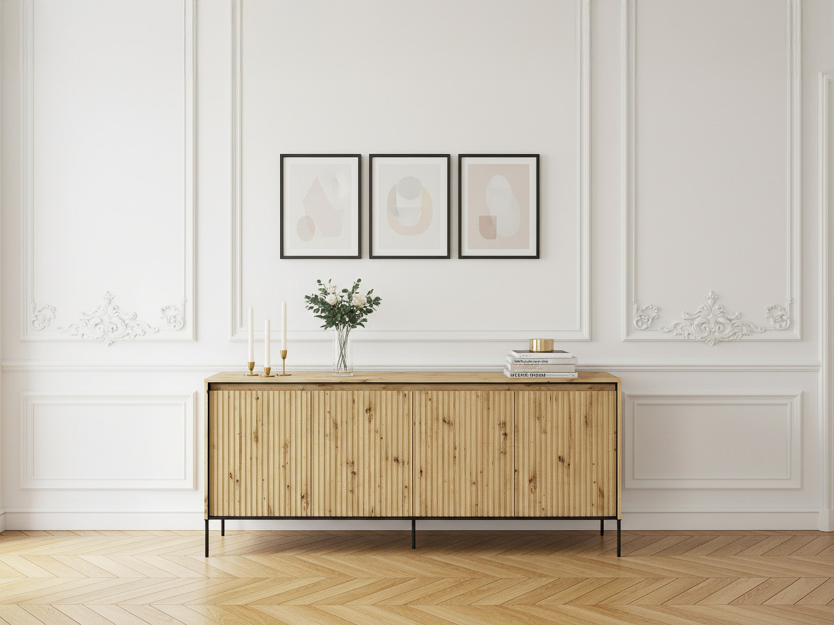 Buffet 4 portes 193 cm LENARA avec tasseaux et LED marron clair