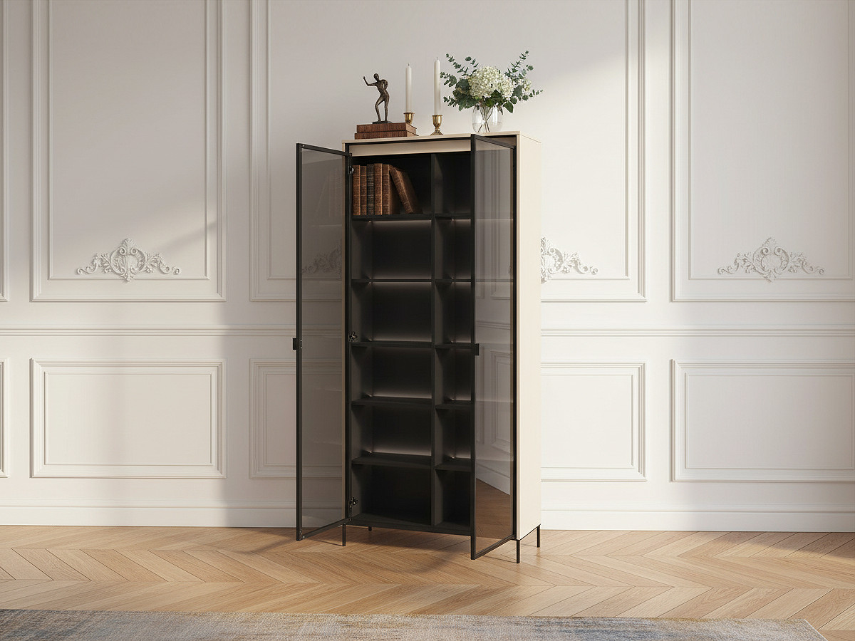 Meuble vitrine H.196 cm 2 portes vitrées LENARA avec LED beige — vue 4