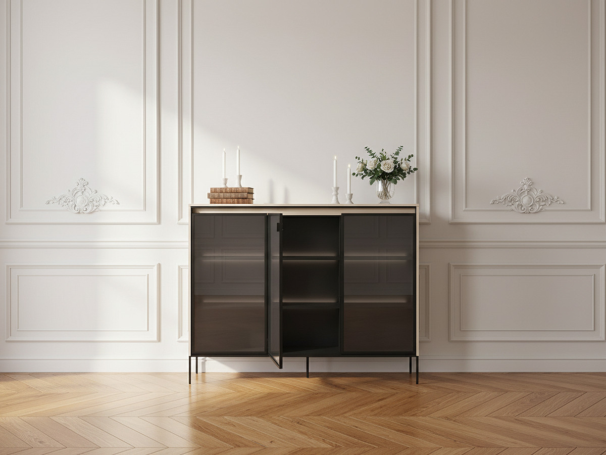 Meuble vitrine H.118 cm LENARA avec LED beige — vue 4