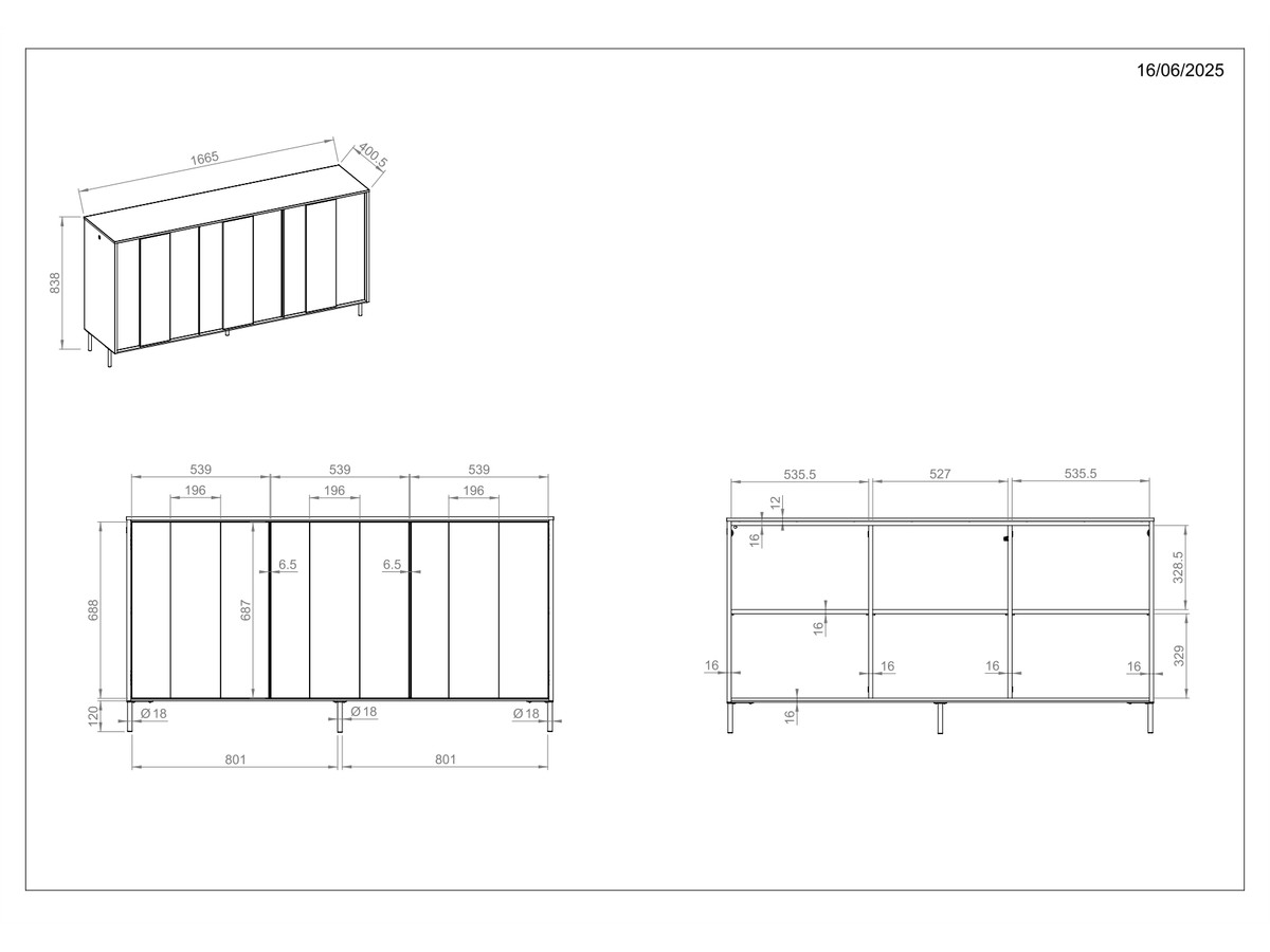 Buffet 3 portes 167 cm TILIA imitation chêne avec LED