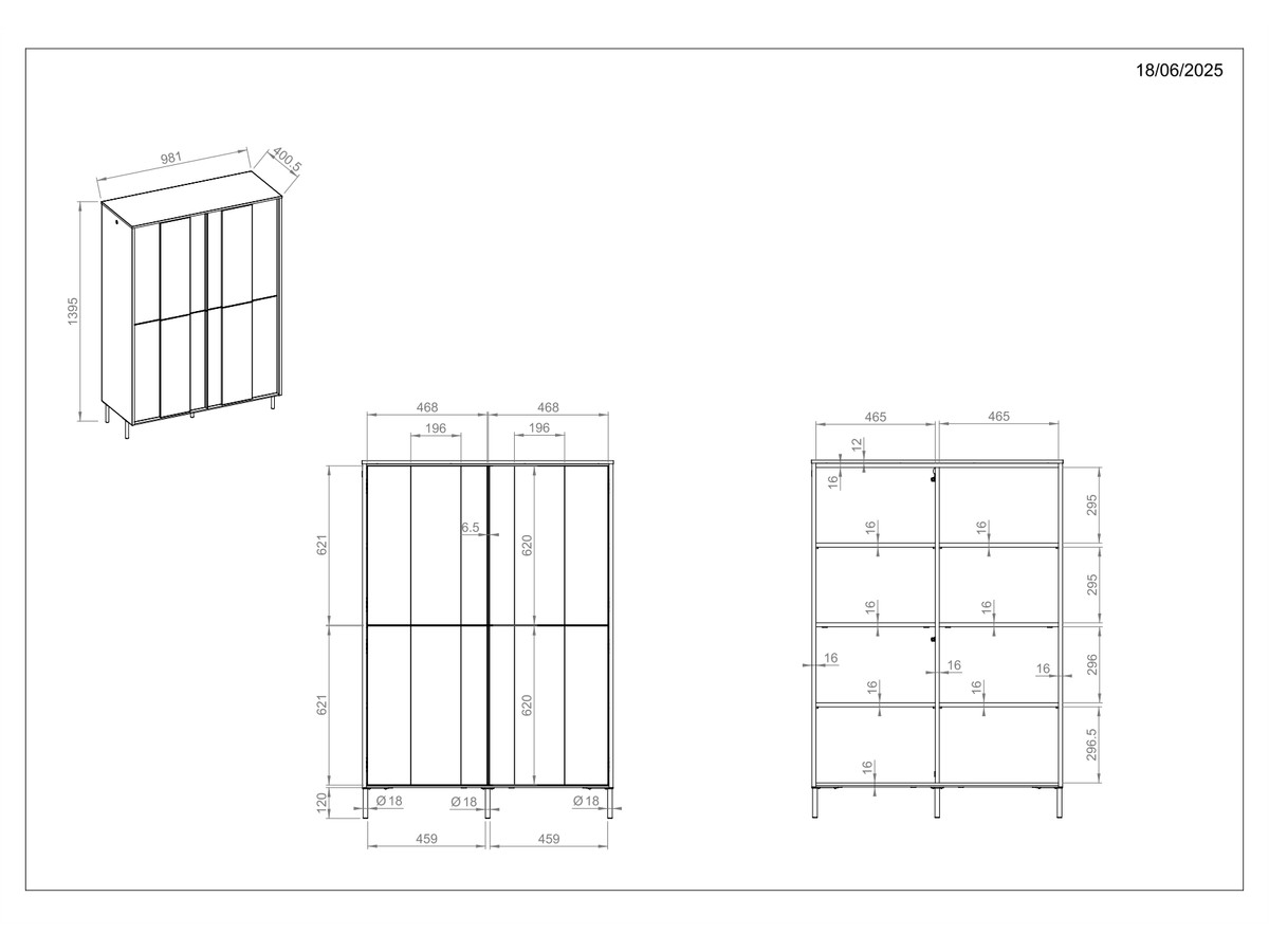 Buffet haut 3 portes 99 cm TILIA imitation chêne avec LED