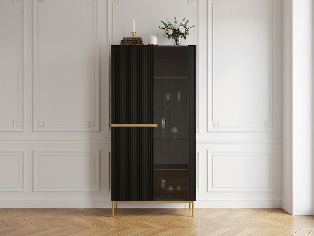 Rangement vitrine H200 cm 2 portes KASHA pieds or