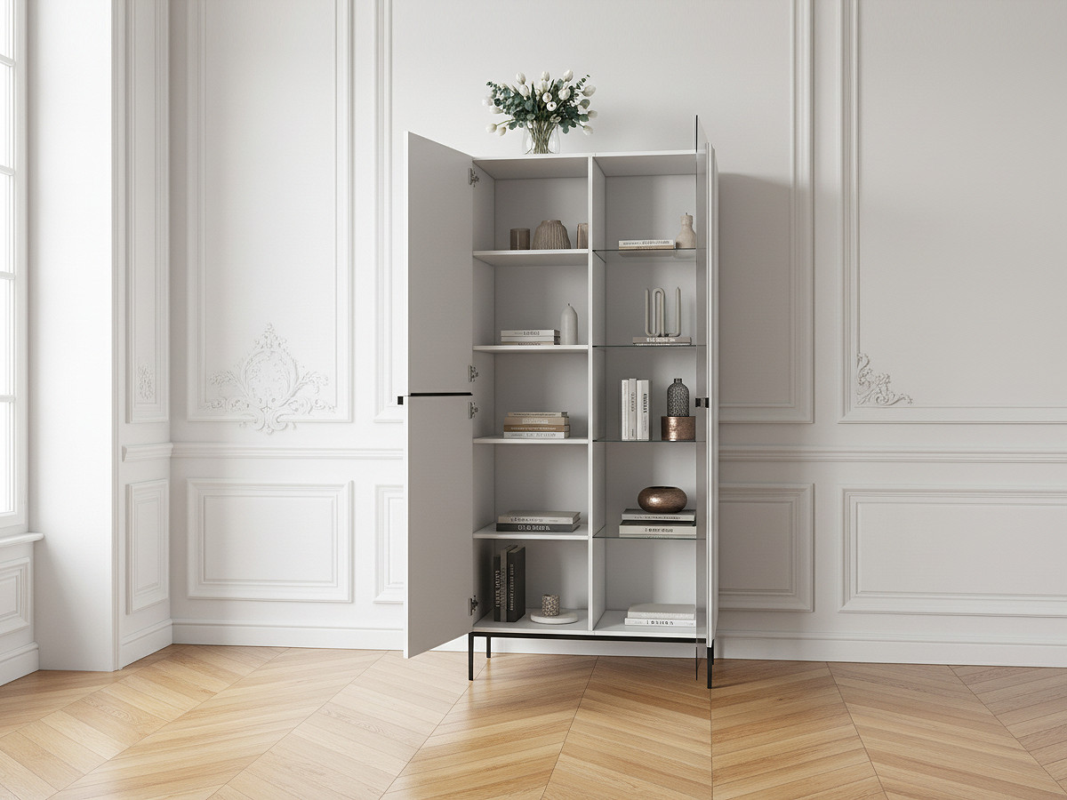 Meuble vitrine H200 cm 2 portes KASHA pieds noirs blanc — vue 4